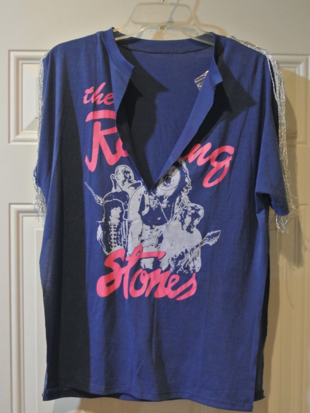 NEW ROLLING STONES BLUE SLEEVELESS SHIRT WITH SILVER FRINGE ON SHOULDERS